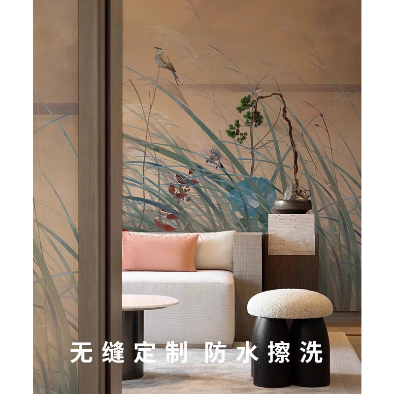 中式花鸟壁纸侘寂风客厅墙纸墙布无纺布定制复古风壁布背景墙壁画