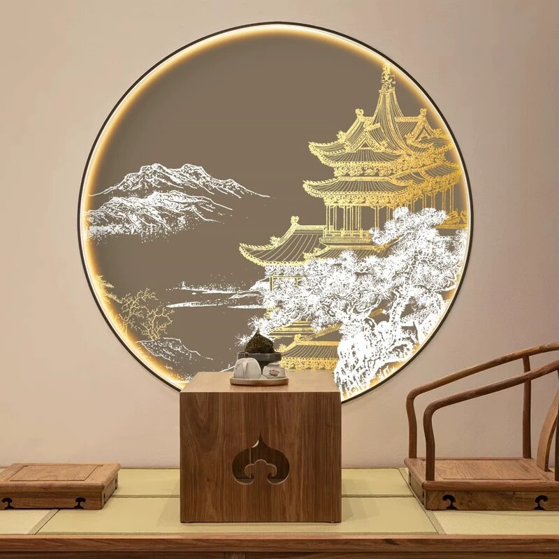3d立体新中式圆形山水墙纸楼阁雅致壁画客厅圆型背景墙布茶室壁纸
