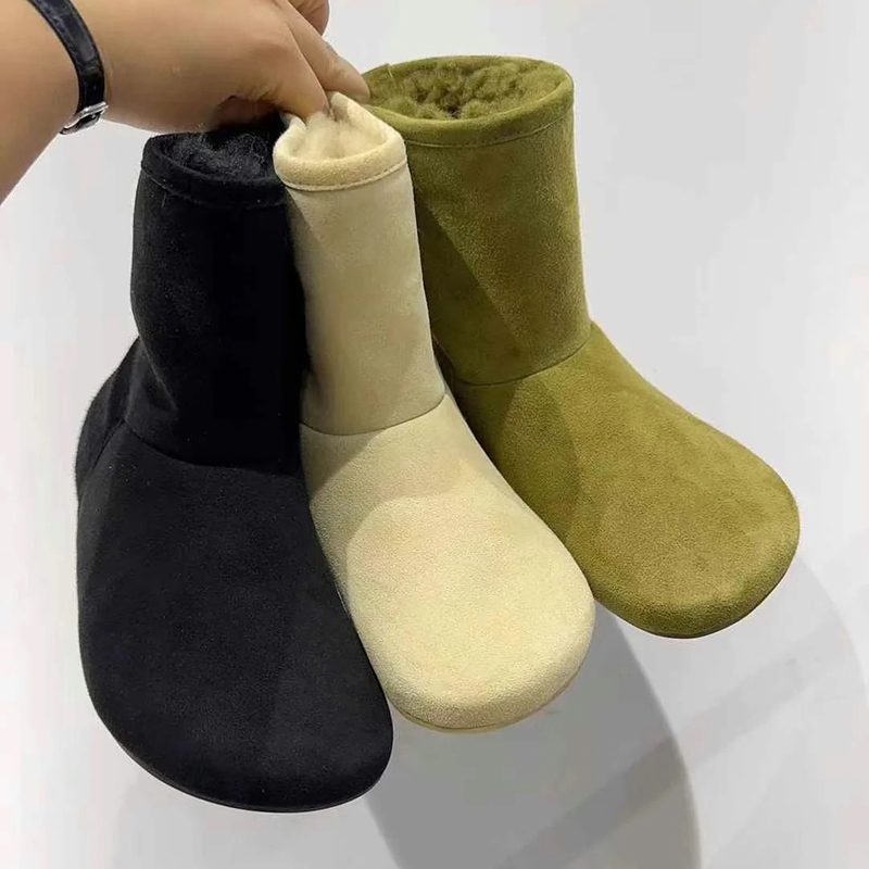 真牛皮绿色雪地靴女内增高胖头面包鞋平底加绒棉鞋皮毛一体短靴女