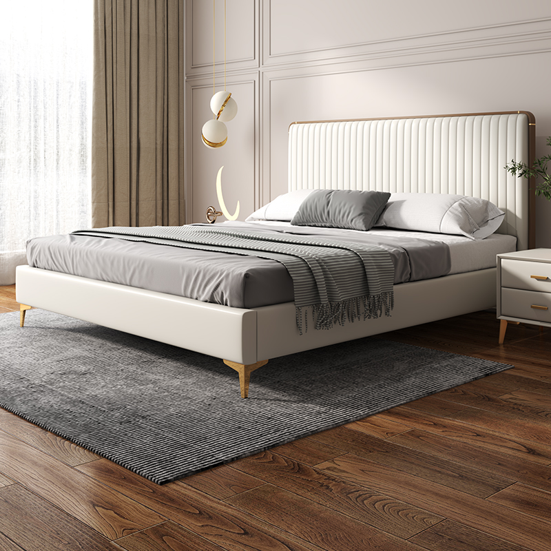 极窄超薄床头主卧头层牛皮真皮床