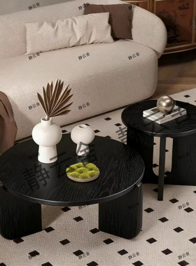圆形实木茶几小户型家用客厅民宿现代北欧简约黑色免漆圆桌边几