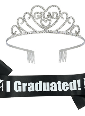 欧美毕业派对皇冠肩带2件套 合金水钻字母头饰I GRADUATED礼仪带