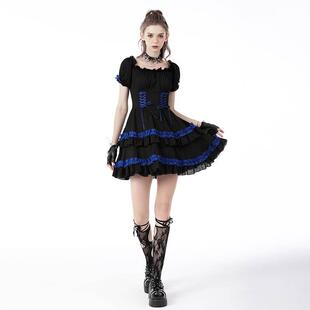欧美个性原创哥特式洛丽塔黑蓝色褶边洋娃娃连衣裙DW660