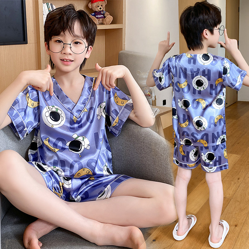 儿童睡衣男童短袖夏季薄款冰丝卡通夏款短裤中大童夏天居家服男孩