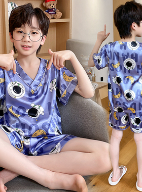 儿童睡衣男童短袖夏季薄款冰丝卡通夏款短裤中大童夏天居家服男孩