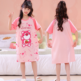 薄款 短袖 女孩宝宝纯棉草莓熊家居服 卡通夏季 儿童睡裙女童2024新款