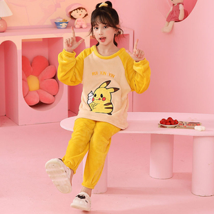 珊瑚绒女童睡衣比卡丘儿童秋冬新款女孩法兰绒加绒加厚家居服套装