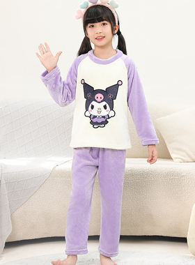 儿童睡衣秋冬加绒法兰绒新款女童珊瑚绒女孩中大童秋季加厚家居服