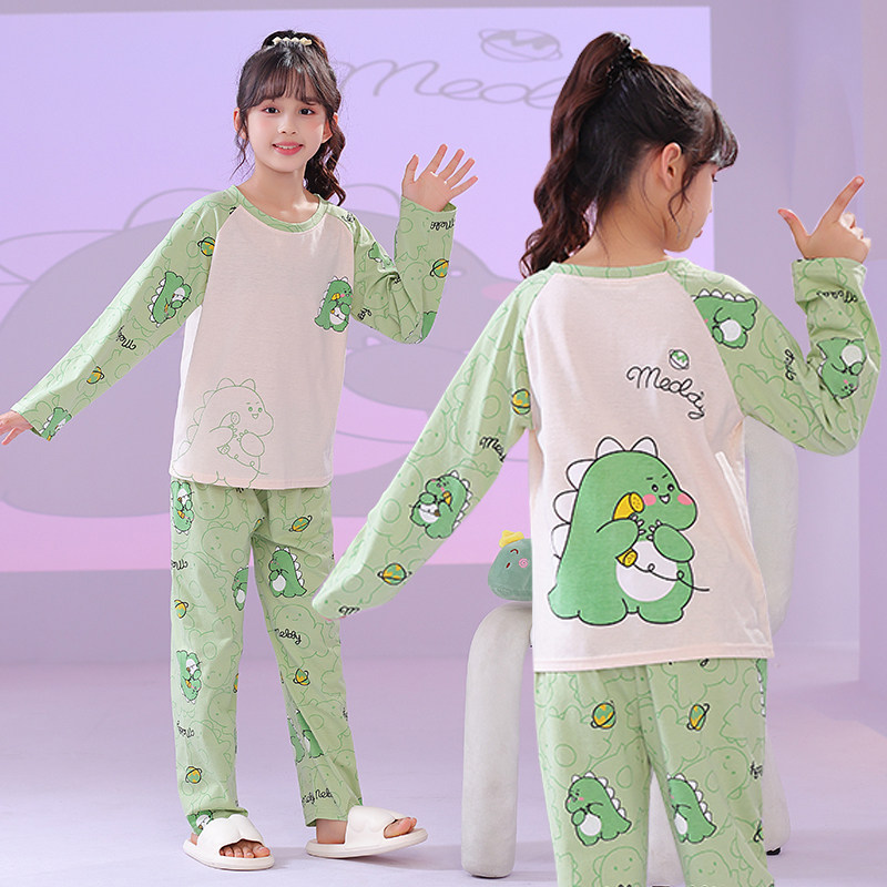 儿童睡衣春秋新款长袖纯棉可爱公主卡通印花小女孩恐龙居家服套装