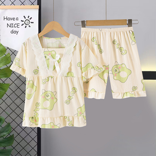 夏季 儿童睡衣女宝宝短袖 空调服薄款 可爱公主风花边甜美家居服套装