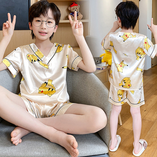 儿童睡衣夏季薄款短袖冰丝男童卡通套装中大童洋气男孩夏天家居服