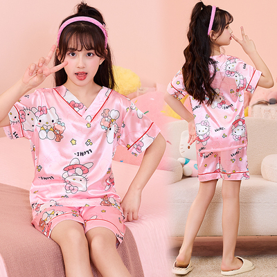 2025新款女童睡衣夏季薄款短袖冰丝儿童小女孩夏天宝宝家居服套装