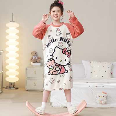 儿童睡裙女孩秋冬季珊瑚绒中大童法兰绒小宝宝睡衣保暖浴袍家居服