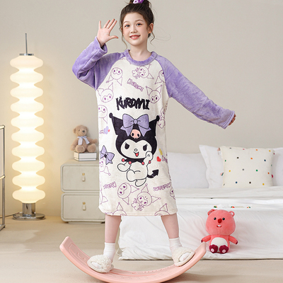 2025新款女童睡裙秋冬法兰绒儿童卡通加厚保暖家居服睡袍女孩睡衣