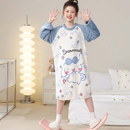 女童睡裙秋冬款2025新款法兰绒卡通玉桂狗儿童睡衣女孩保暖家居服