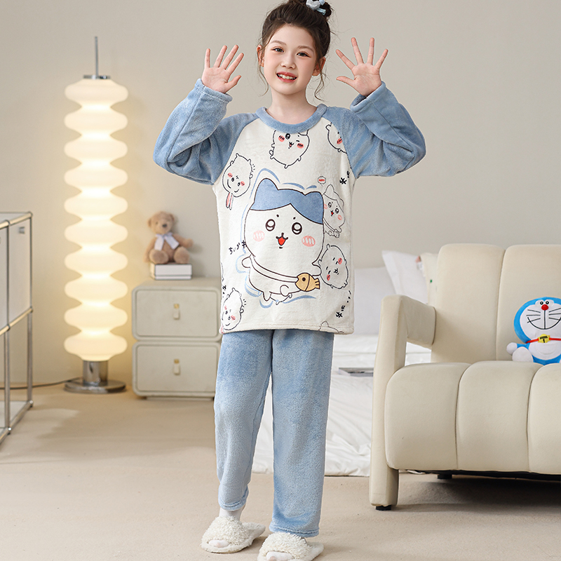 小八女童法兰绒睡衣秋冬加厚珊瑚绒中大童套装2025新款儿童家居服