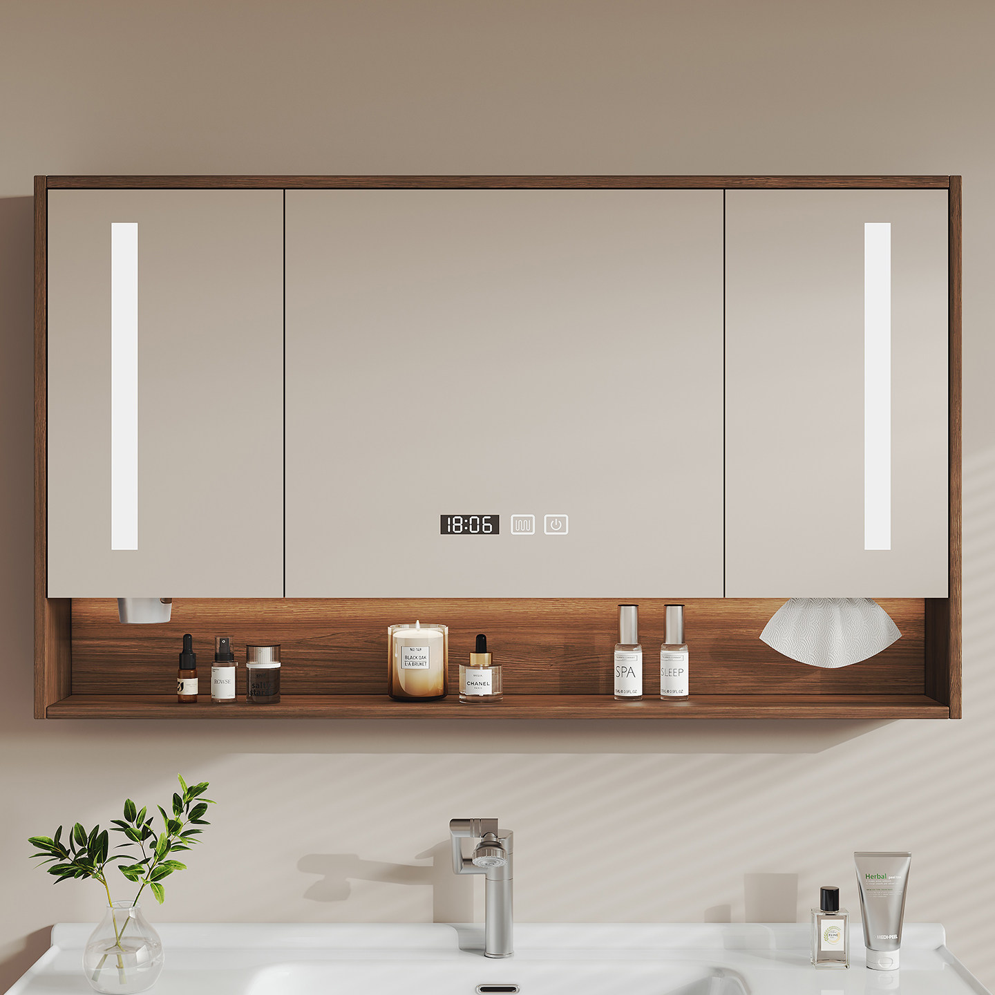 胡桃木色中古风浴室镜柜单独带灯卫生间镜子柜挂墙式智能除雾定制