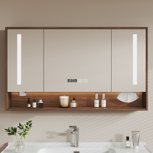 胡桃木色中古风浴室镜柜单独带灯卫生间镜子柜挂墙式智能除雾定制