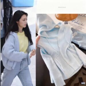 骄阳似我赵今麦同款蓝色连帽针织开衫外套女慵懒风宽松毛衣卫衣
