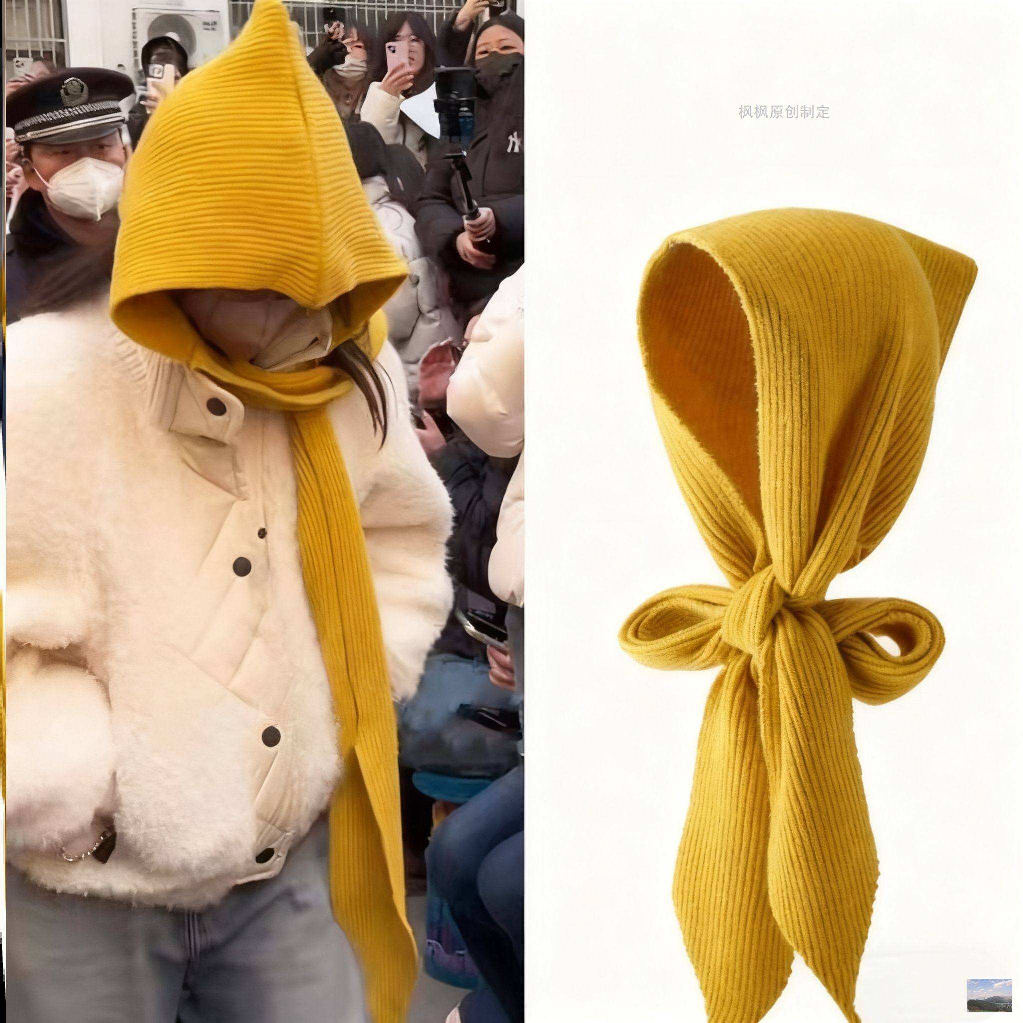 林允同款黄色连帽披肩女休闲毛线针织帽子围巾围脖一体披肩假领子