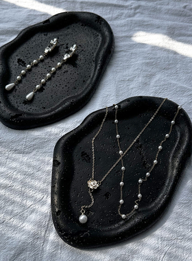 黑色洞石长条盘项链陈列收纳盘吊坠手链拍照设计盘耳环戒指首饰盘