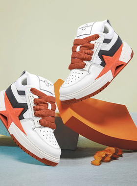 PENTAGONAL HEART五角心星星鞋白灰橘色头层牛皮拼接男女面包鞋