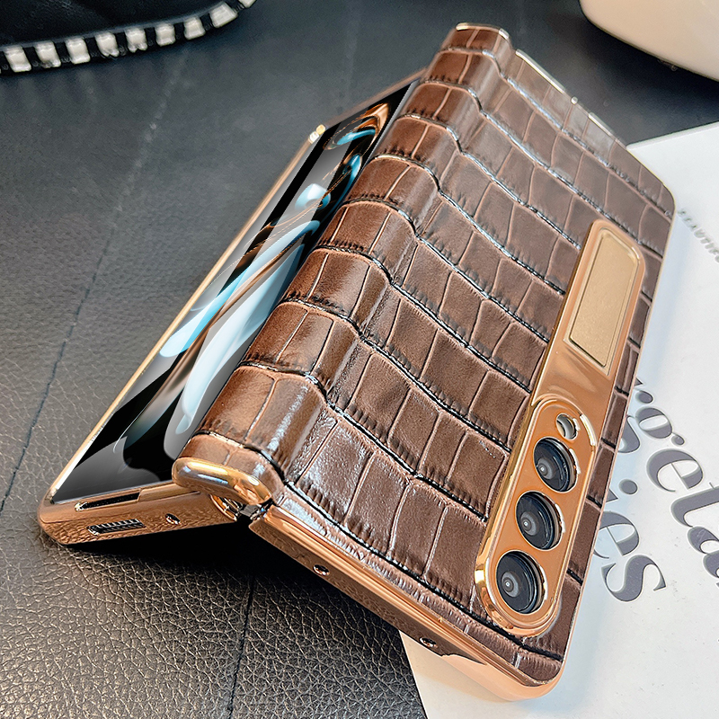 适用于三星fold6折叠屏手机壳真皮鳄鱼纹新款fold5保护套galaxyzfold4壳膜一体W2023心系天下W22铰链全包超薄
