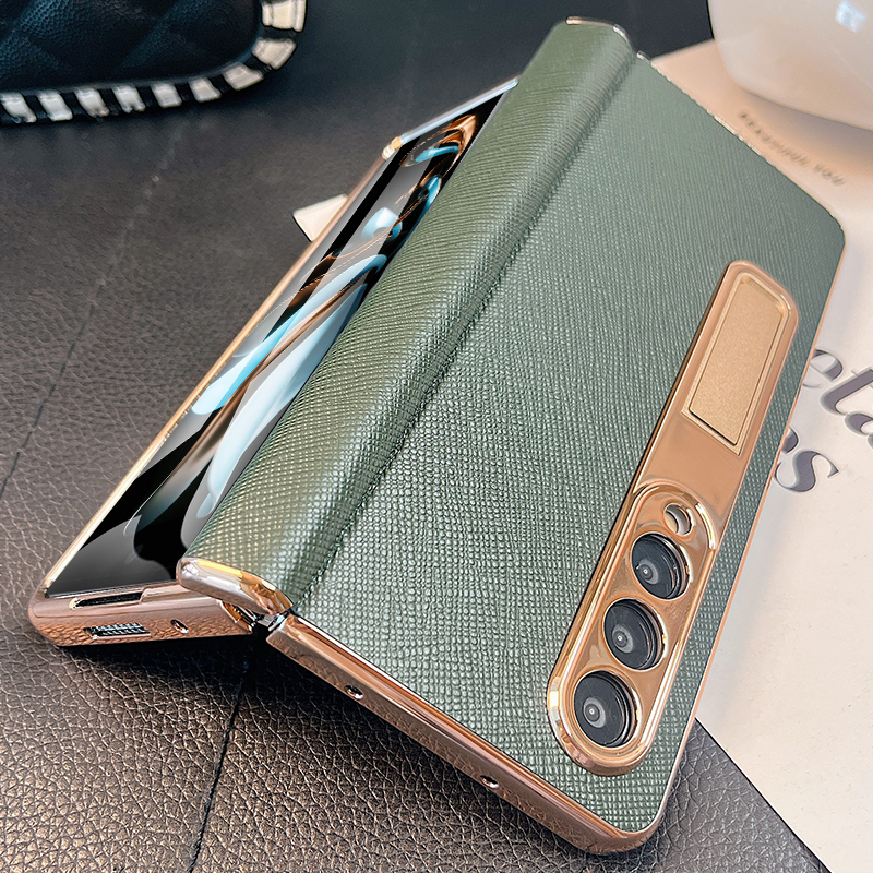 适用于三星fold6手机壳真皮新款绿色fold5折叠屏保护套十字纹zfold4壳膜一体W2023心系天下W22铰链全包超薄
