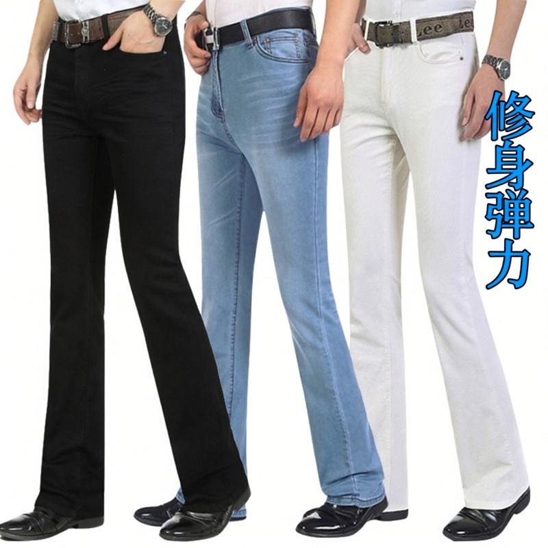 夏季薄款微喇叭裤修身小喇叭男式牛仔裤加厚弹力中腰复古休闲长裤