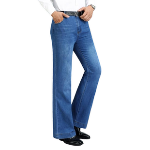 男士中腰秋冬加绒弹力修身牛仔裤微喇裤潮流宽松休闲喇叭裤大裤脚