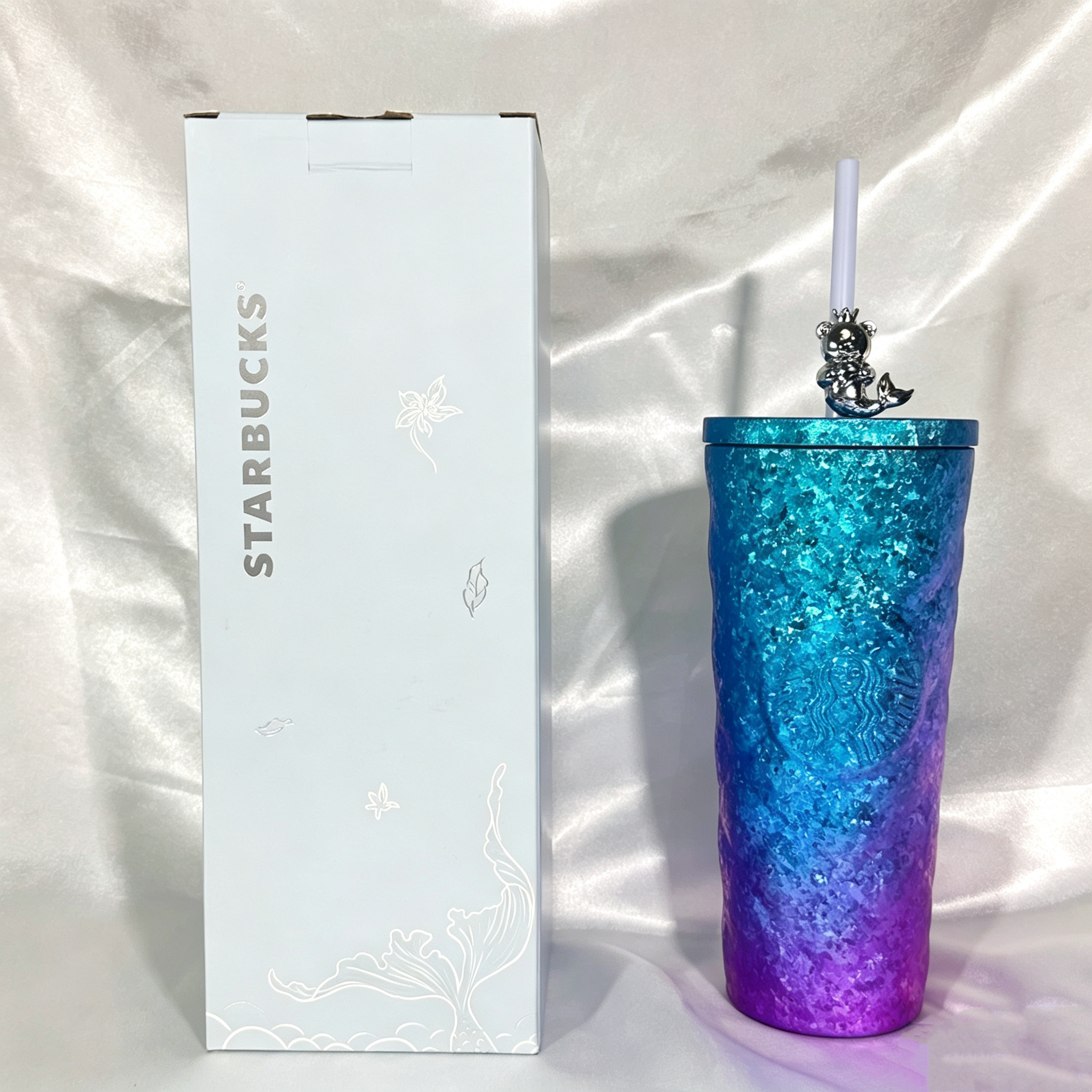 星巴克中秋周年海底绮遇蓝紫鱼尾女神纯钛杯子配人鱼小熊吸管水杯