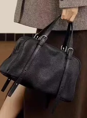 羊皮保龄球包女黑色手提包大容量腋下包单肩包手提腋下包波士顿包