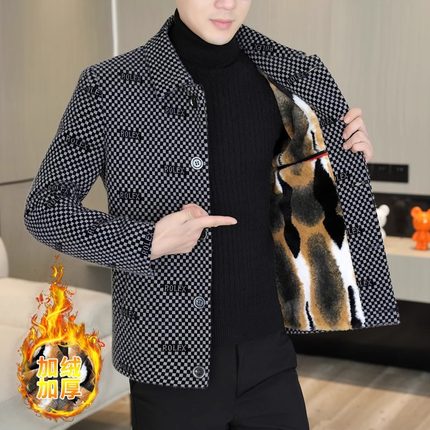 冬季新款格子羊毛呢外套男短款加绒加厚潮流翻领保暖休闲男士大衣
