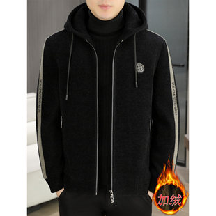 休闲呢子男士 加厚加绒潮流修身 连帽夹克 冬季 格子羊毛呢外套男短款