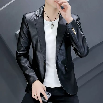 真皮皮衣男春季短款帅气潮流翻领修身绵羊皮西装外套男士小西服潮