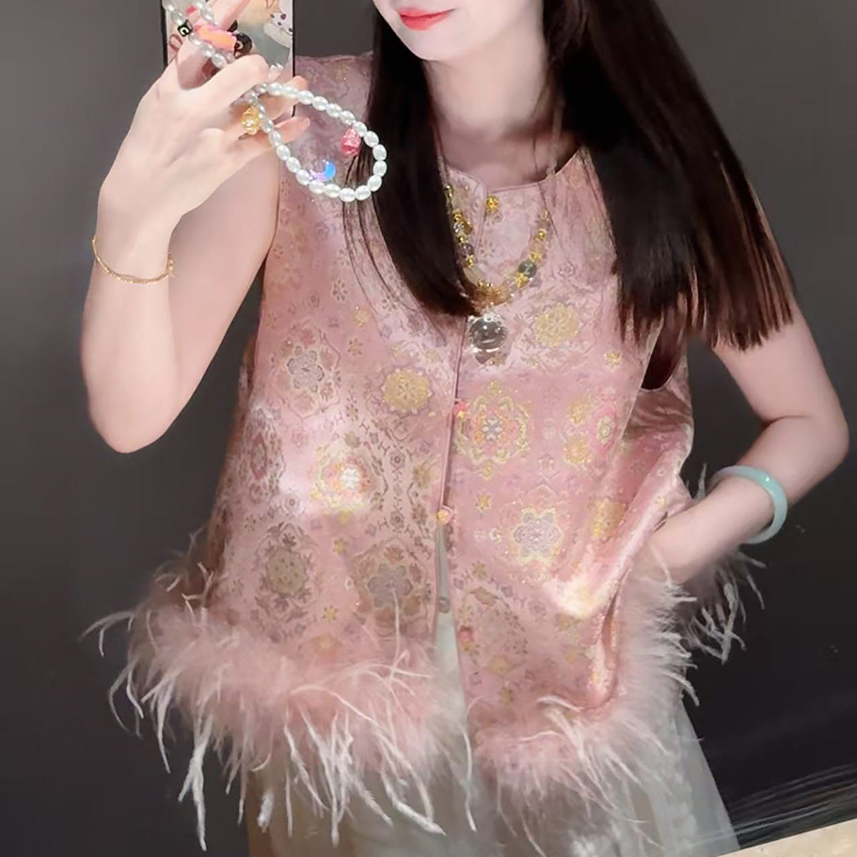 【粉金宝相】新中式国风驼鸟毛马甲早秋重粉色提花圆领衣甜美减龄,女装/女士精品,马夹,淘宝优惠券,粉丝福利购,淘宝优惠卷