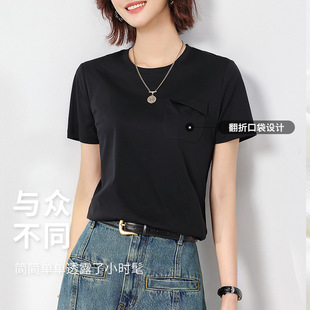 高端桑蚕丝防晒凉感免烫丝光棉口袋款正肩t恤热卖女新款短袖上衣