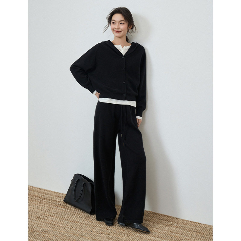 潮流羊毛针织衫阔腿裤两件套女热卖秋冬休闲时尚连帽慵懒显瘦套装