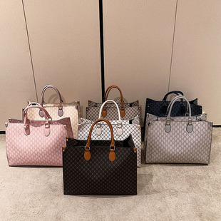 日本进口L家大容量女包欧美复古单肩老花字母托特包PU通勤手提包