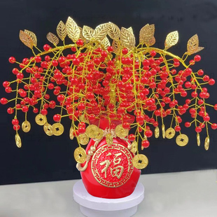 新款铜钱摇钱树材料包diy手工串珠红果果发财树散珠教程家居摆件