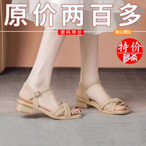 凉鞋女外穿2024夏季新款软底中跟法式气质配裙子粗跟一字带高跟鞋