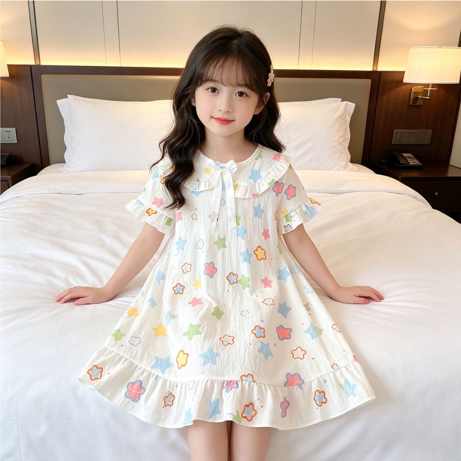 女童睡裙儿童睡衣短袖云朵夏季连衣裙公主女孩中大童家居服夏薄款