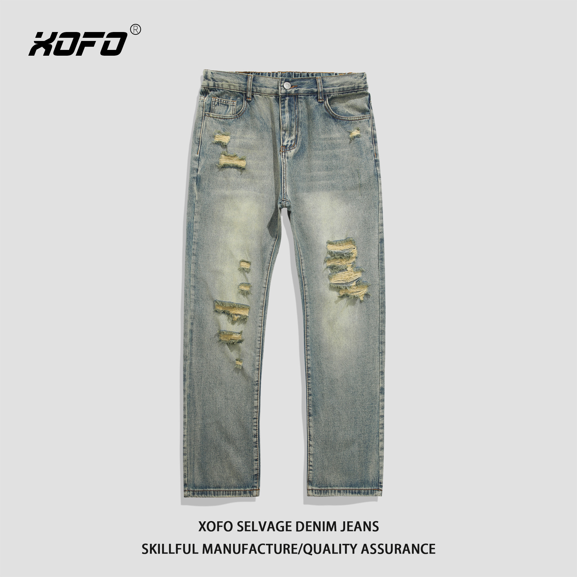 松紧腰牛仔裤男款冬款美式复古破洞长裤子休闲宽松直筒拖地裤潮