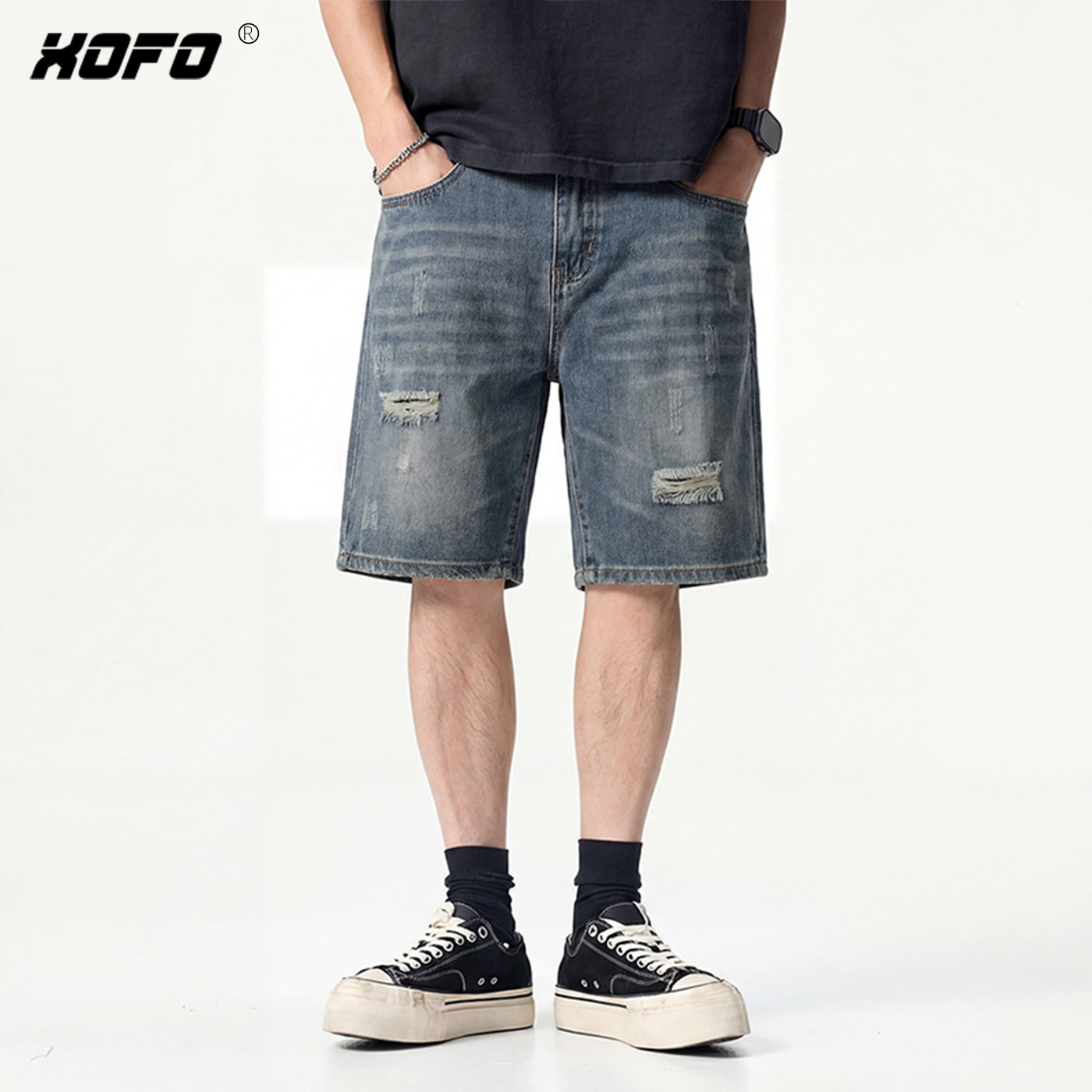 XOFO男士破洞牛仔短裤宽松潮流怀旧蓝五分裤夏季凉感透气舒适百搭
