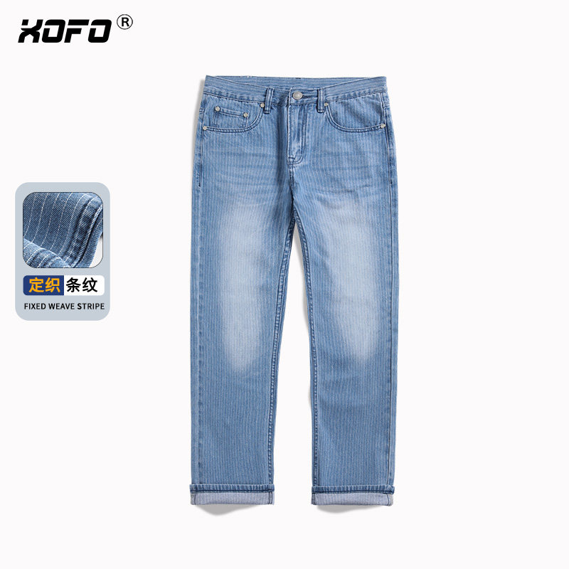 2026年新款百搭直筒牛仔裤男夏新款美式宽松条纹浅色时尚有型潮