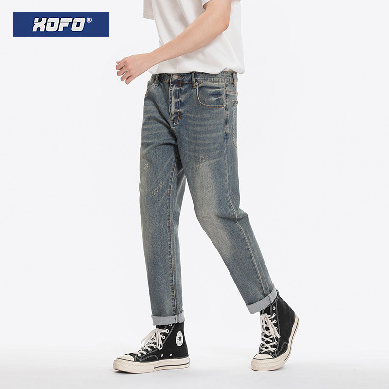 美式复古怀旧个性休闲直筒日系弹力九分小脚牛仔裤男款冬季潮流