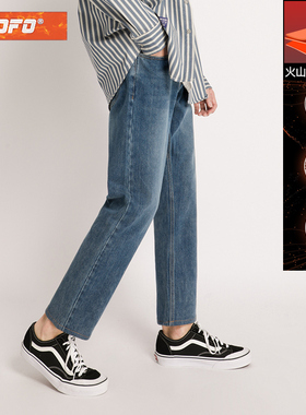 发热面料2025年新款冬季季复古蓝色保暖直筒宽松加绒加厚牛仔裤男