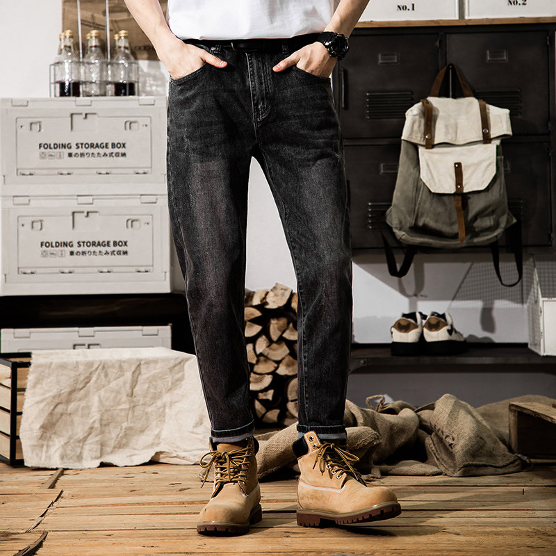 美式牛仔裤男冬季直筒潮流弹力修身小脚灰色休闲男裤九分裤子潮