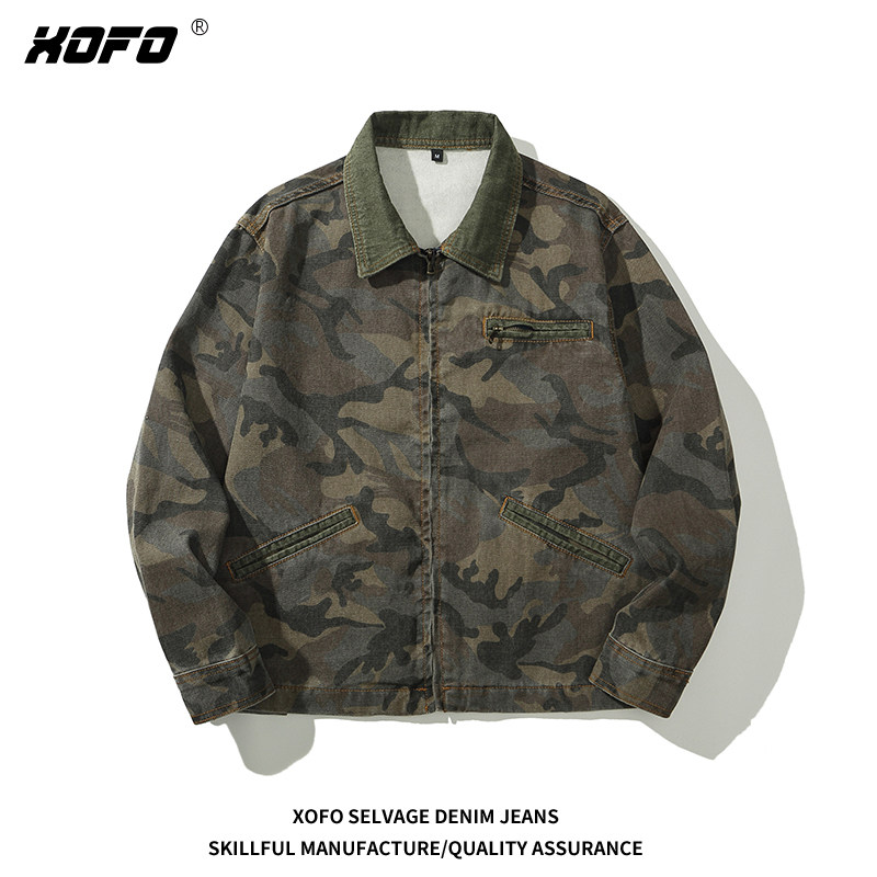 2026新款美式水洗做旧纯棉军绿色迷彩牛仔外套男秋款宽松休闲夹克