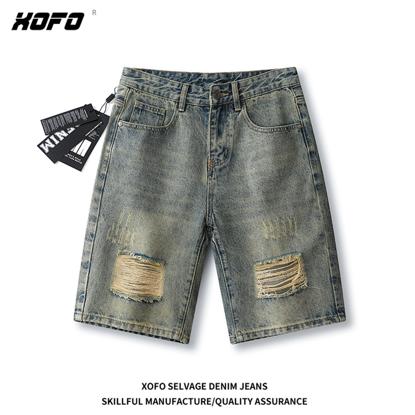 xofo夏季新款破洞宽松男款五分裤做旧牛仔裤子潮牌复古短裤潮流款